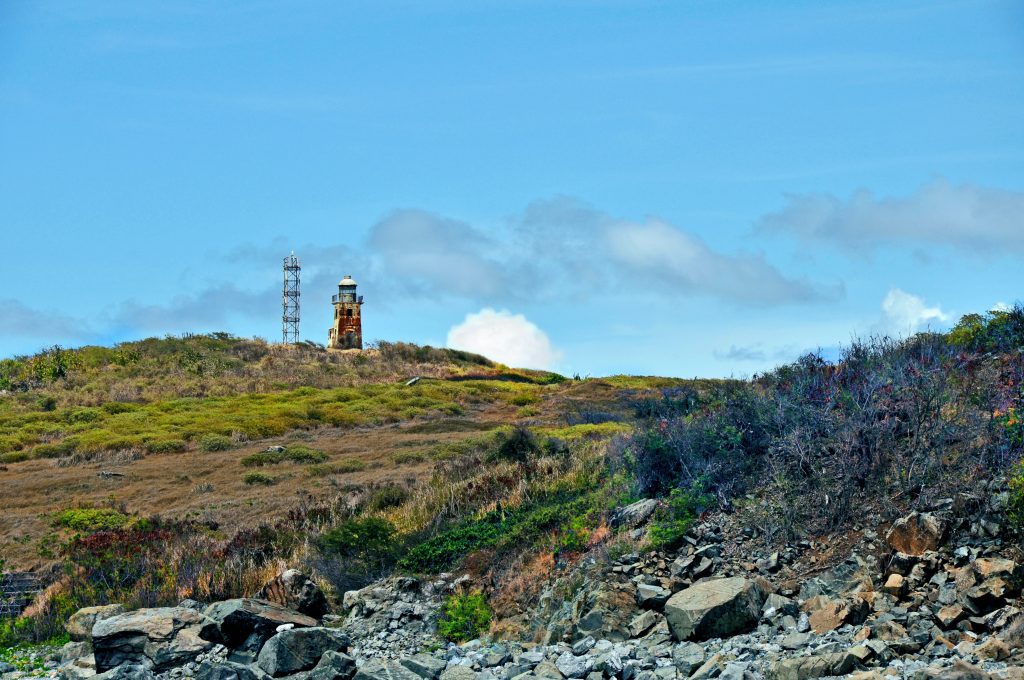 Perspective view of the historic Buck Island Lighthouse from the ground.