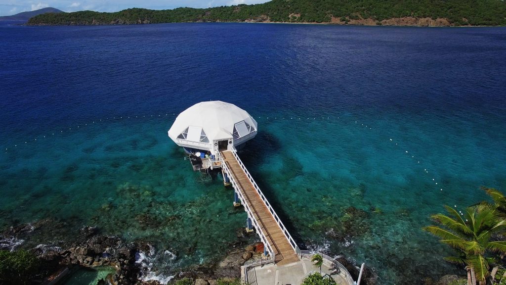 Aerial view of the underwater observatory of Coral World Ocean Park.