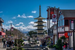People walking around the Peace Plaza in Japantown, San Francisco.
