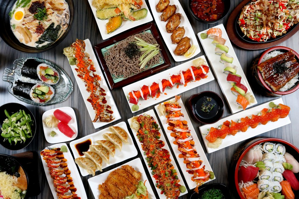 Top-shot of a spread of Japanese food from Kui Shin Bo, a Japan restaurant in Japantown, San Francisco.