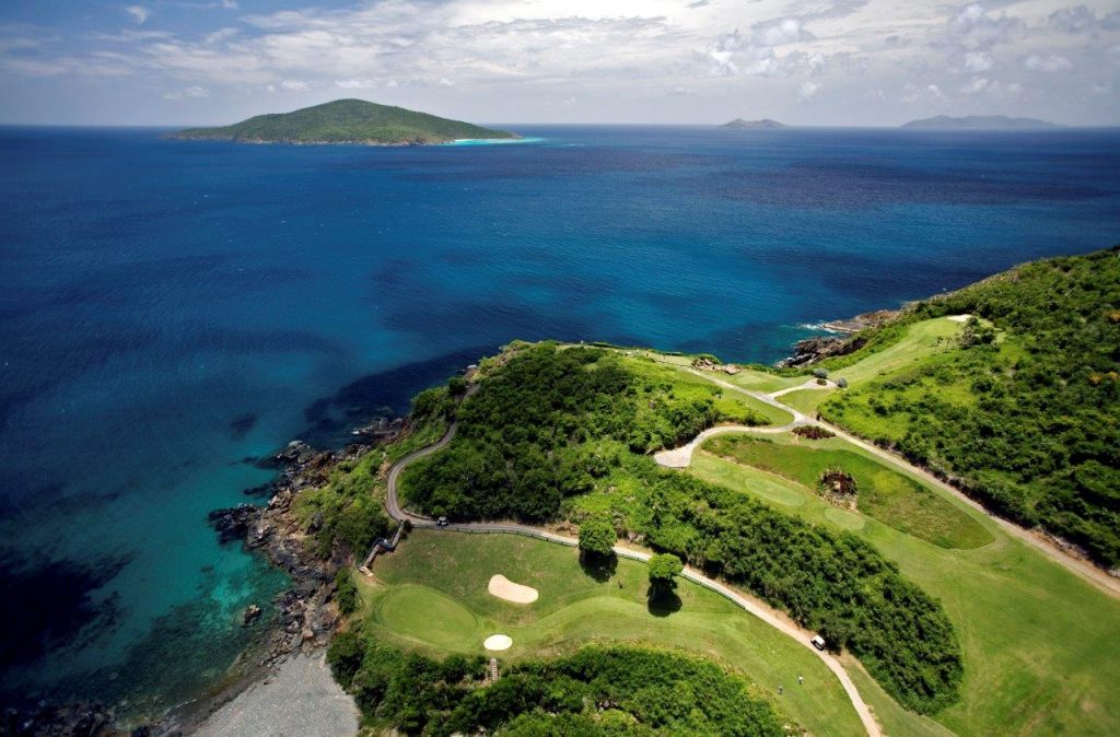 Aerial shot of the Mahogany Run Golf Course, overlooking the Atlantic Ocean. 