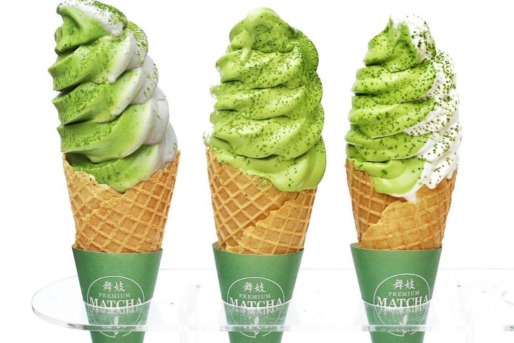 Three matcha green tea ice creams on wafer cones from Matcha Cafe Maiko in SF Japantown.
