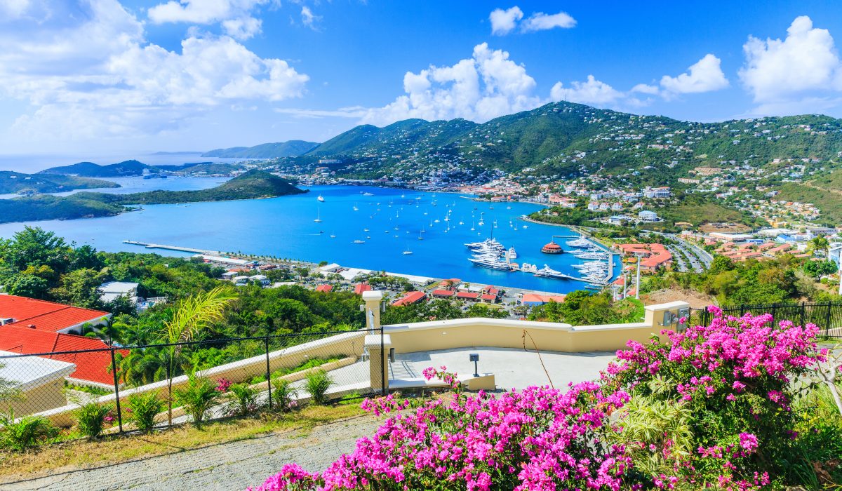 Panoramic view of St. Thomas island, with ships in Charlotte Amalie Bay.