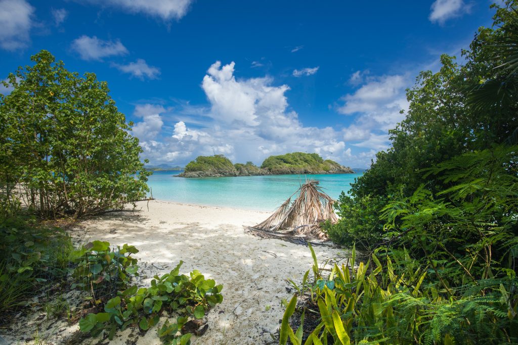 Sandy shores of Trunk Bay in St. John, one of the nearby islands to St. Thomas.