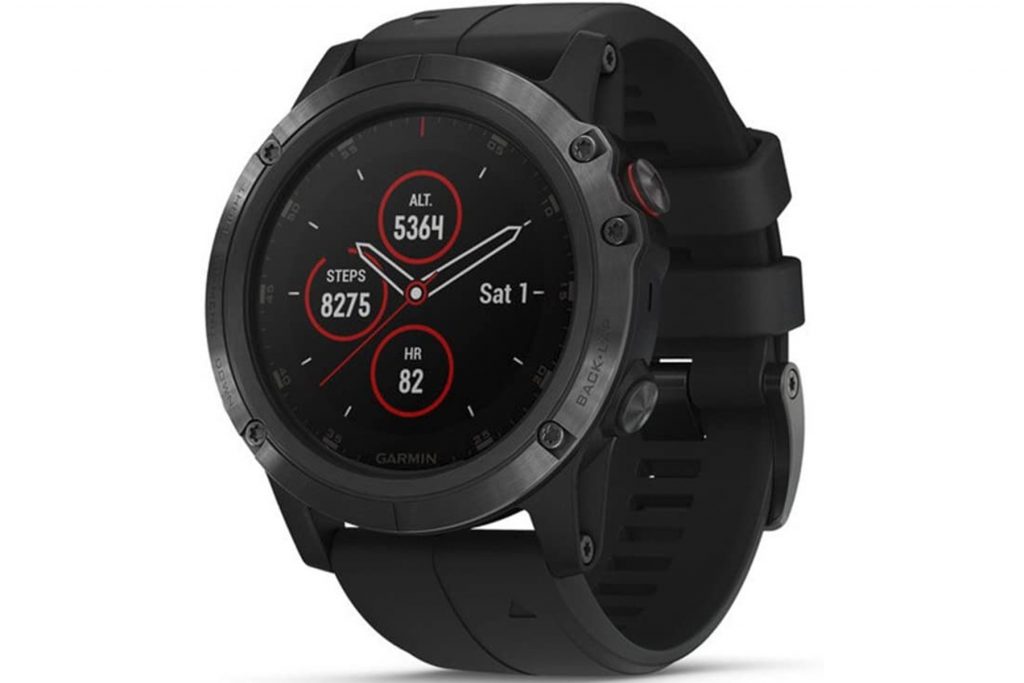 Garmin Fenix 5X Plus in black with red detailing; sports watch with ABC sensors. Garmin Fenix 5X Plus in black with red detailing; sports watch with ABC sensors.