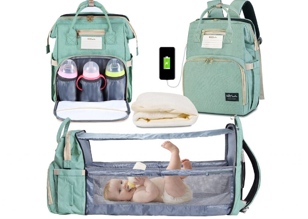 Three shots of the Happy Luoka Diaper Bag in, used as a changing pad and travel bassinet.