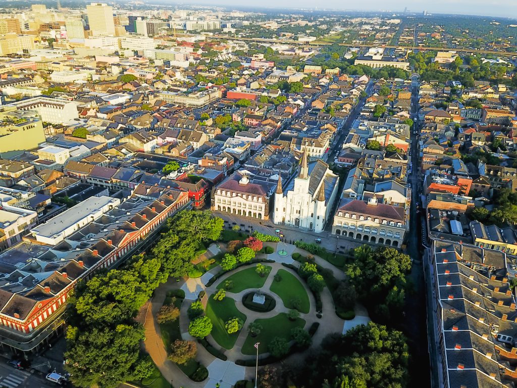 Aerial shot of Jackson Square in New Orleans, one of the best places to visit in May in the USA.