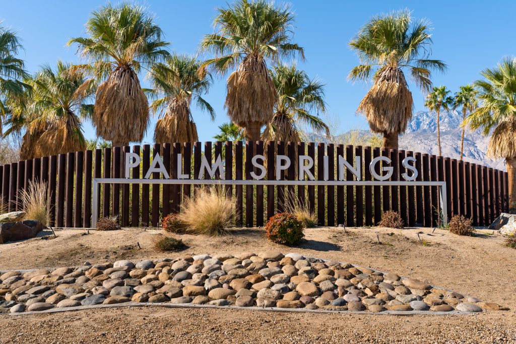 Palm Springs sign on Gene Autry Trail in Palm Springs, California. 