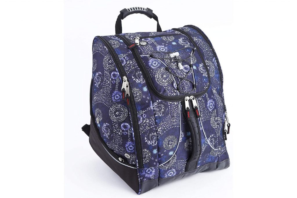 Athalon Everything women’s ski boot bag with a batik pattern. 