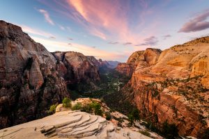 Wide shot of Zion National Park during dawn from Angels Landing.