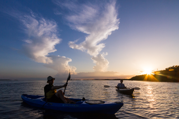 Two people kayaking in the Everglades during dusk; one of the best things to do in Key Largo. Two people kayaking in the Everglades during dusk; one of the best things to do in Key Largo.