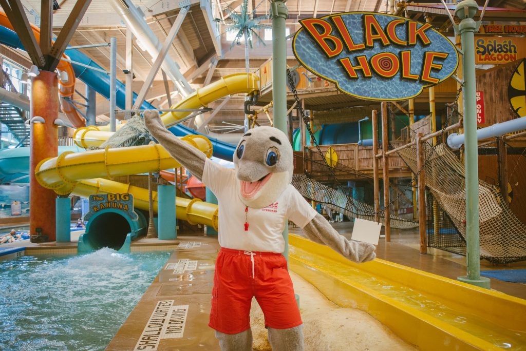Fin the Dolphin, a favorite mascot, at the Splash Lagoon Indoor Water Park. Fin the Dolphin, a favorite mascot, at the Splash Lagoon Indoor Water Park.