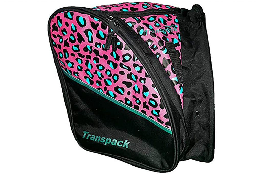 Transpack Edge Jr. ski boot bag for kids with a pink and teal cheetah pattern. 