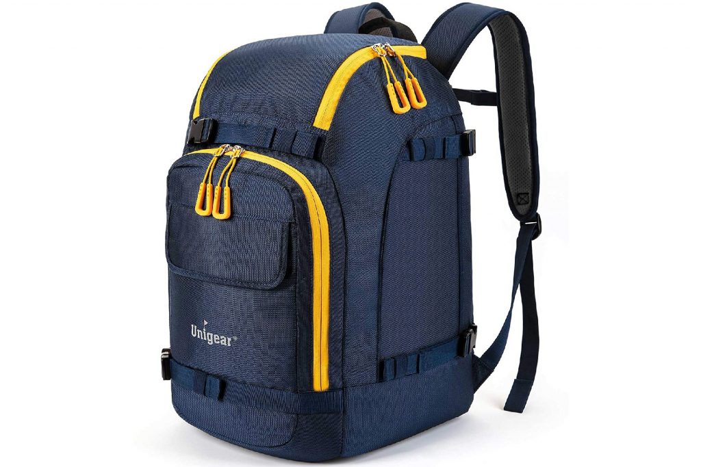 Unigear ski boot bag in dark blue with yellow detailing. 