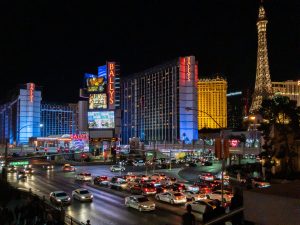The lively and rowdy Las Vegas Strip at night.