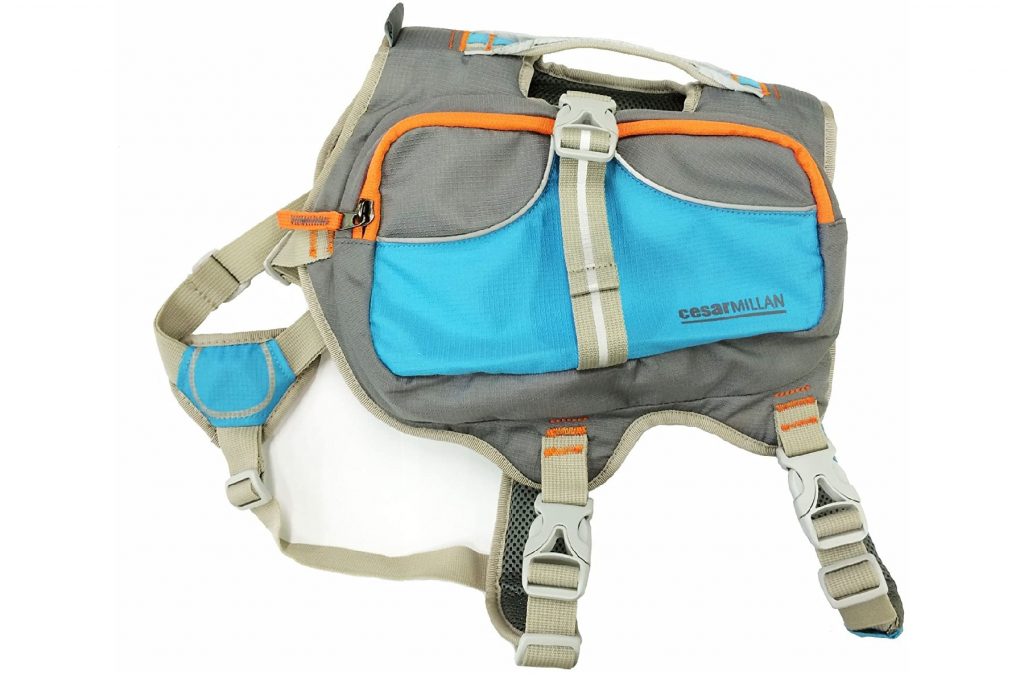 Cesar Millan Dog Backpack in gray with beige, blue, and orange detailing.