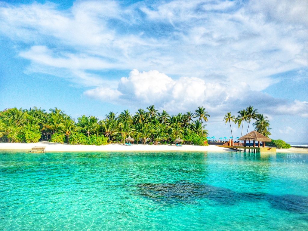Wide shot of the turquoise waters and an island with soaring trees in Maldives.