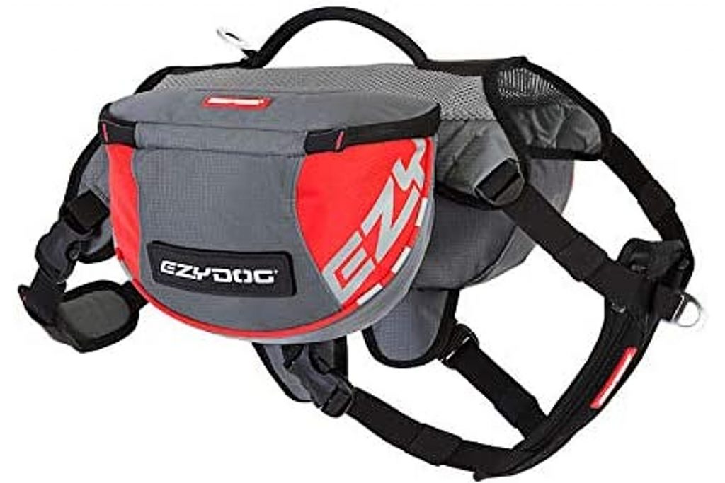 EzyDog Summit Outdoor Dog Backpack in gray and red.