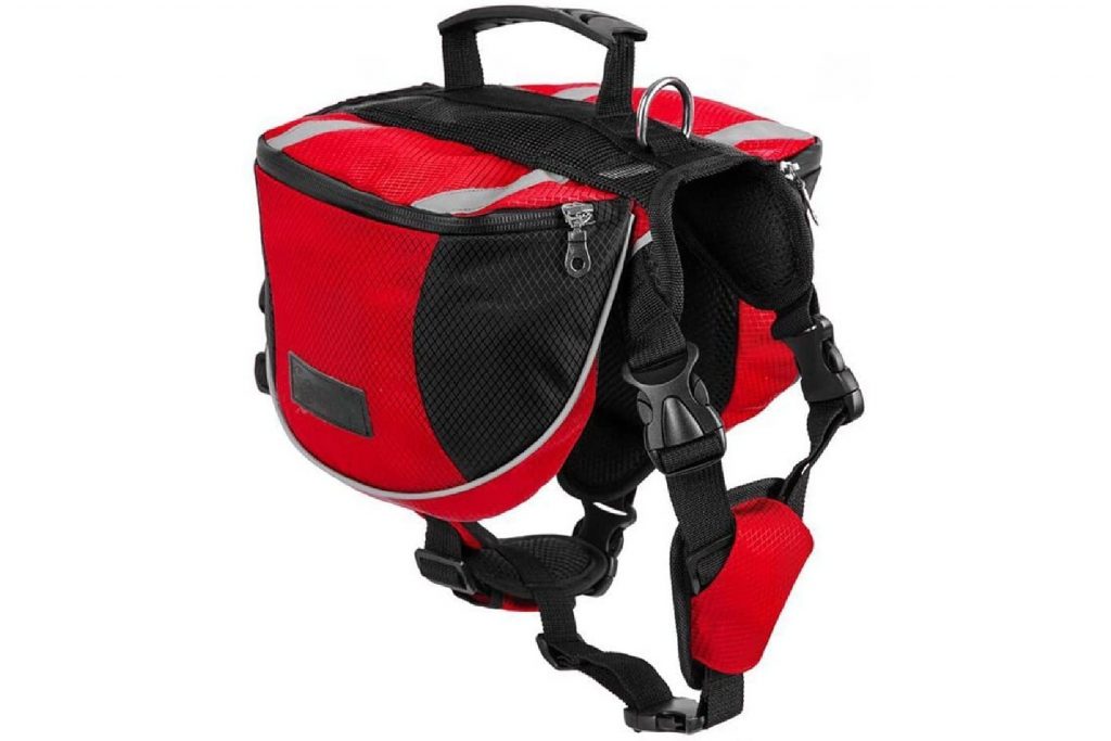 Lifeunion dog saddle bag in red with black detailing.