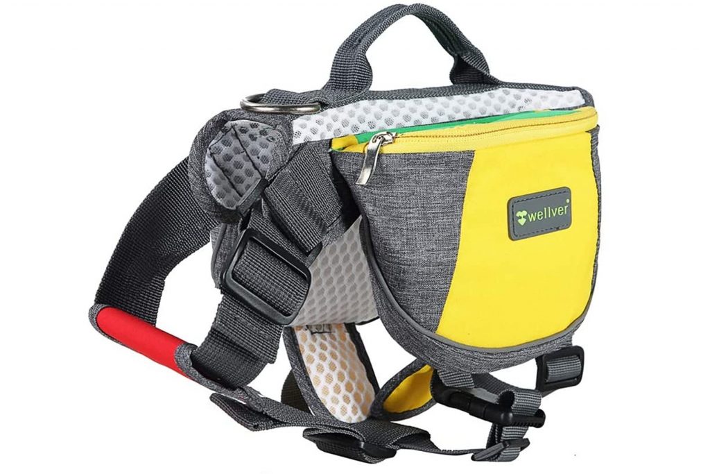 Wellver Dog Backpack Saddle in gray with yellow, green, and blue detailing.