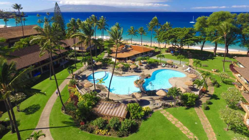 Aerial shot of the pool area at the Aston Maui Kaanapali Villas; where to stay in Maui for family vacations. Aerial shot of the pool area at the Aston Maui Kaanapali Villas; where to stay in Maui for family vacations.