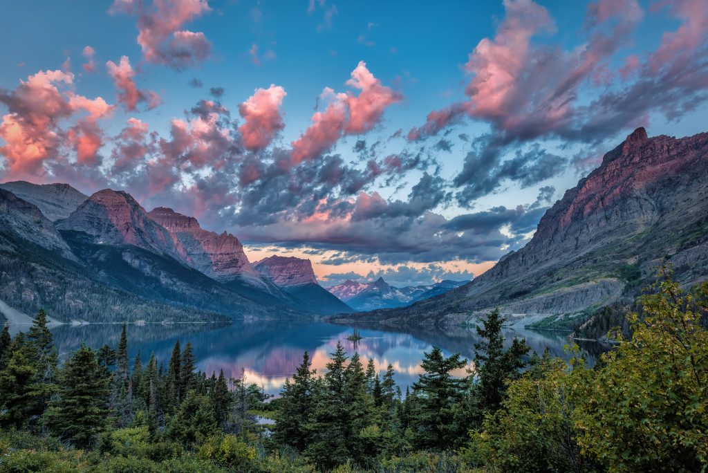Sunrise over the mountain ranges in Glacier National Park, Montana.