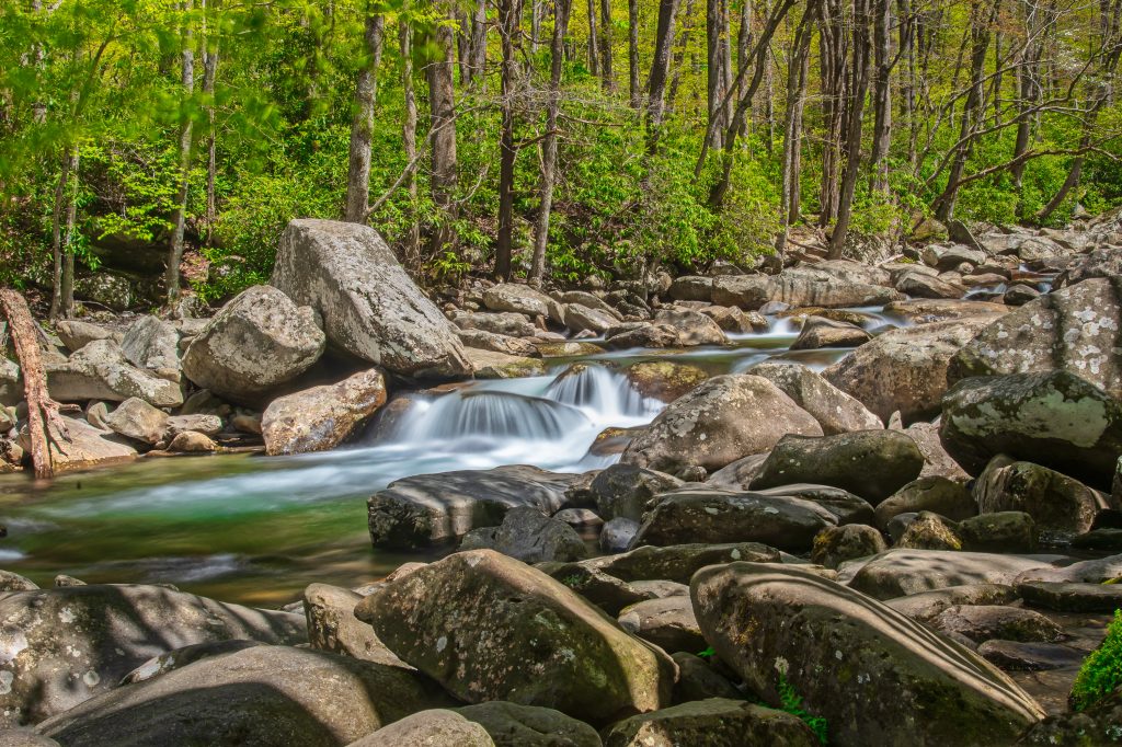 Rocky stream found at Great Smoky Mountains National Park; one of the best places to visit in July USA.