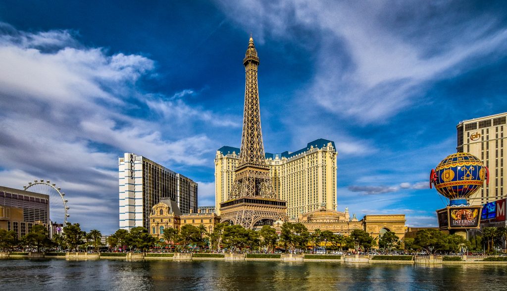 Wide shot of the Paris Las Vegas Hotel with the replica of the Eiffel Tower in Las Vegas, Nevada.