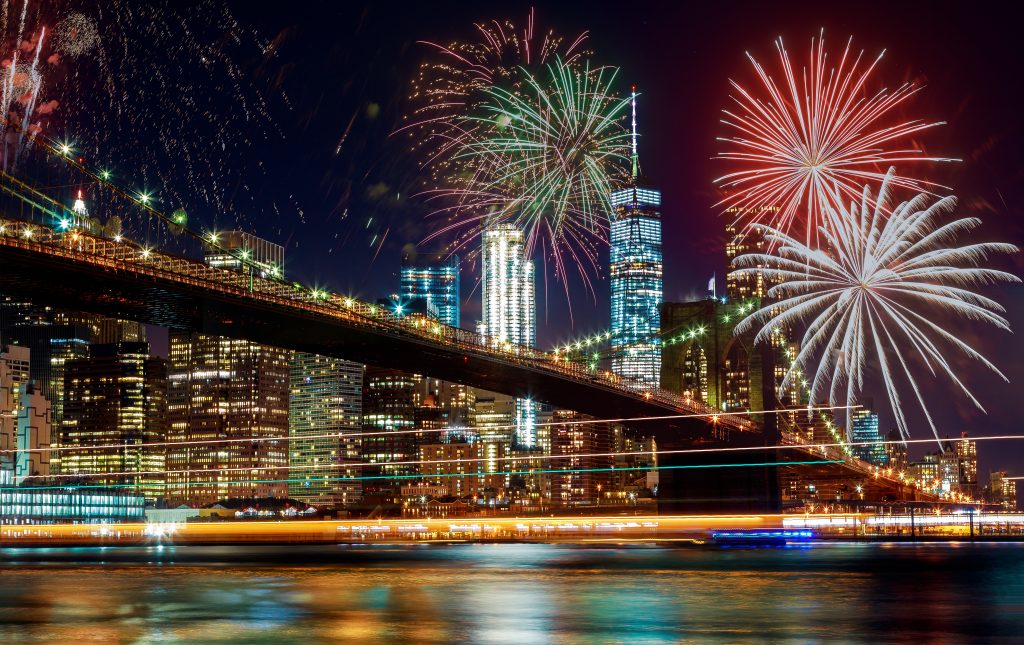 Fireworks display against the New York City skyline during Independence Day.
