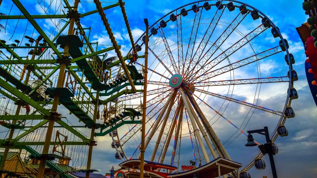 Low-angle shot of the rides at Dollywood, one of the amusement parks in Pigeon Forge.