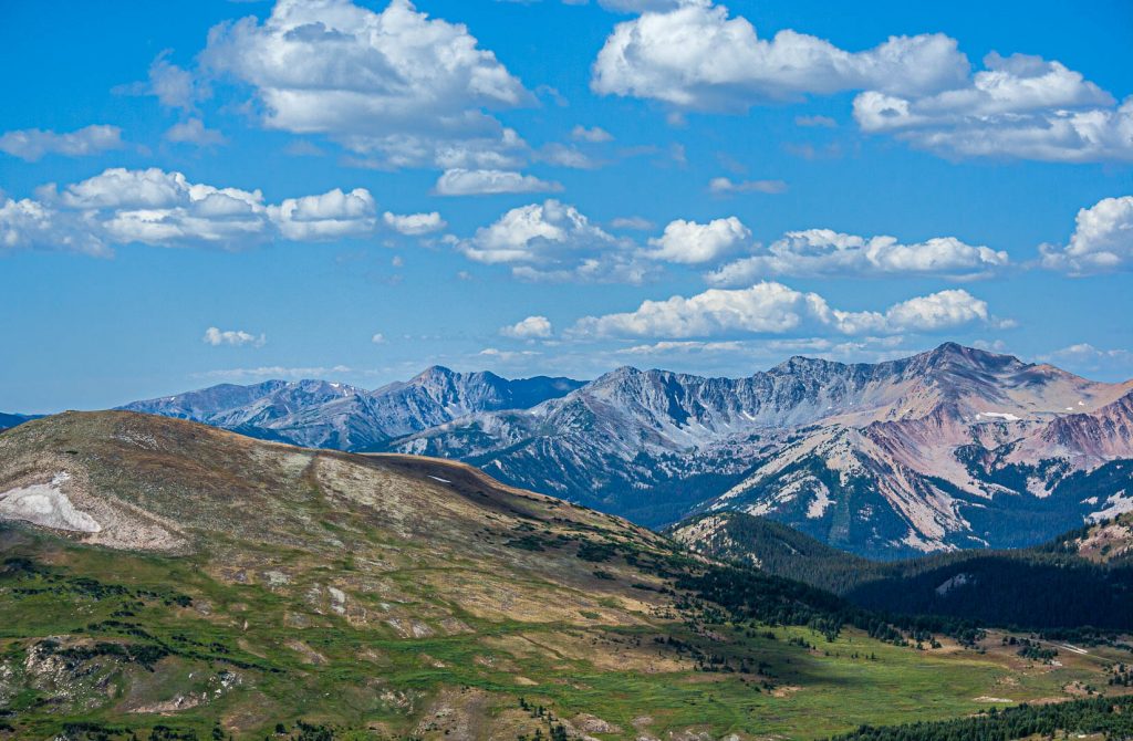 Wide shot of mountain ranges of Rocky Mountain National Park, Colorado.
