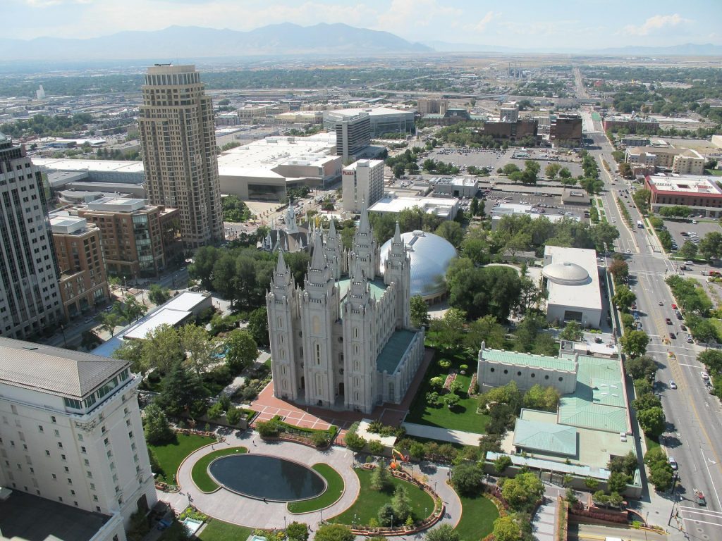 Aerial view of Temple Square in Salt Lake City, Utah.