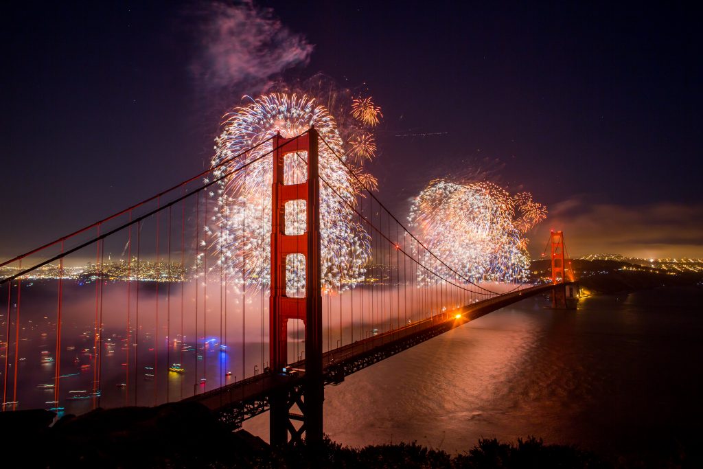 The Golden Gate Bridge with a fireworks display in the background in San Francisco; one of the best places to visit in July USA.