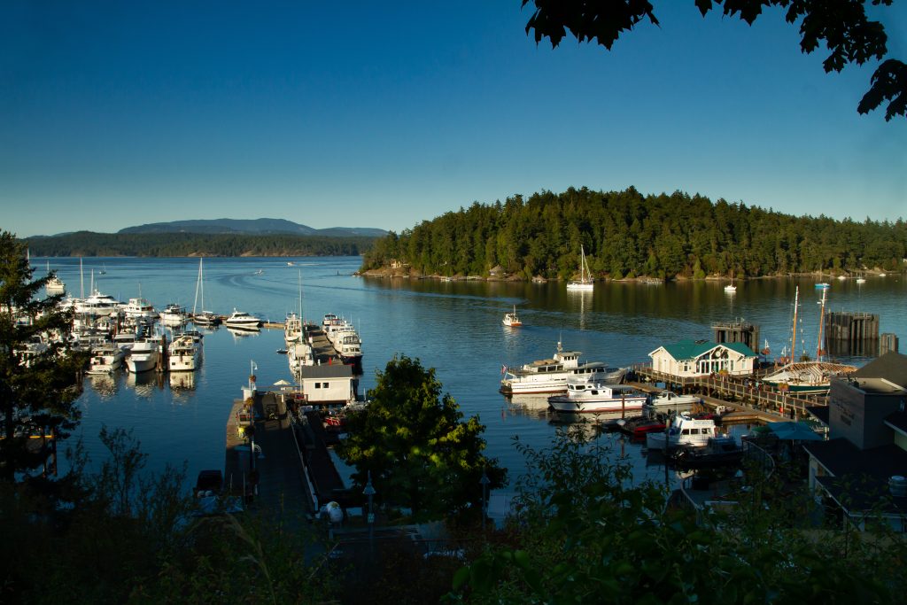 Boats docked at the harbor of San Juan Islands in Washington State; one of the best places to visit in July USA for couples.