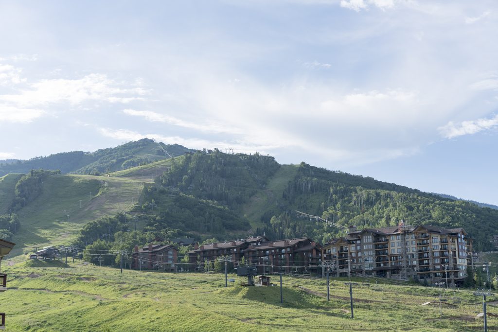 Mountain ranges, ski resorts, and ski lifts in Steamboat Springs, Colorado during summer.