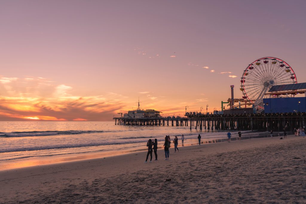 One of the beaches in California with the Santa Monica Pier in the background.