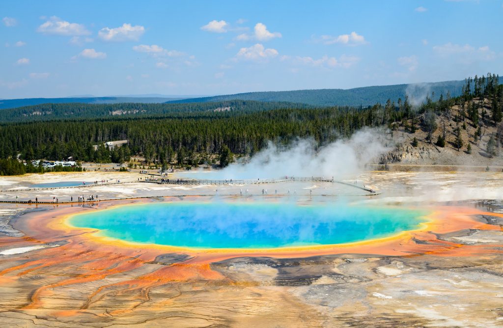 Wide shot of the Grand Prismatic Spring in Yellowstone National Park during July.