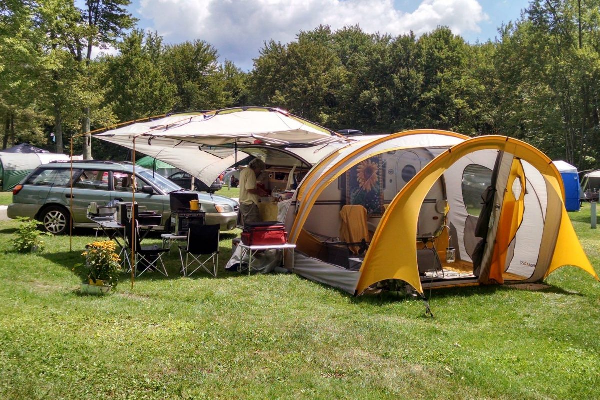 Teardrop camper set up at Atwood Lake Park.