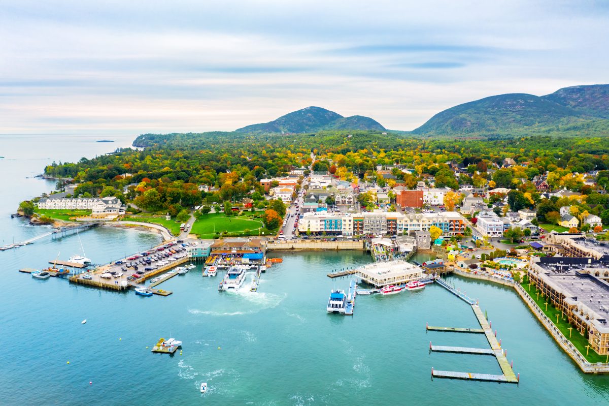 Aerial shot of Bar Harbor, one of the best fall vacations in the US.
