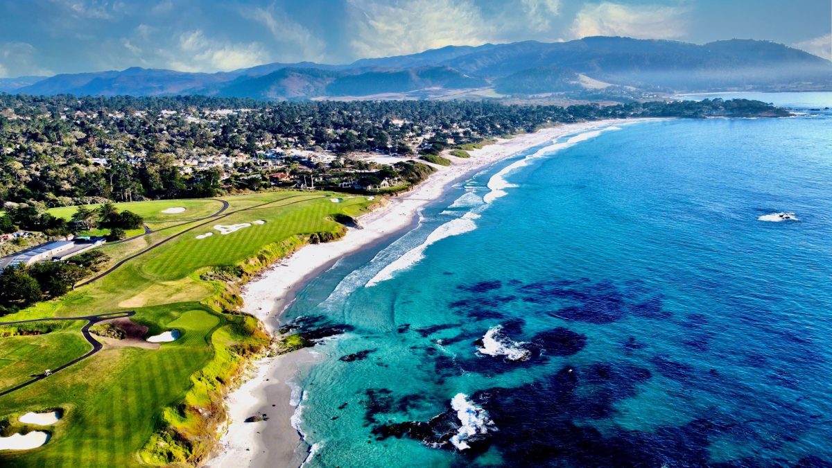 Aerial shot of Carmel by the Sea coastline during September. 