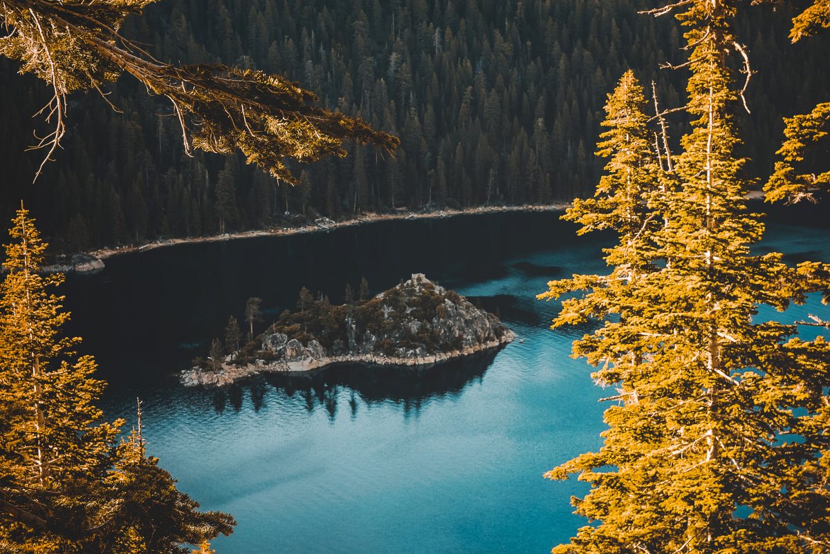 Fannette Island in Lake Tahoe during the fall season.