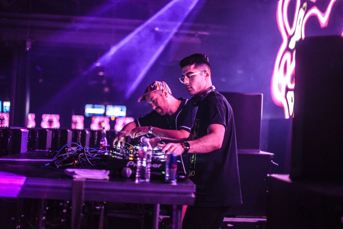 Two men DJing in one of the clubs in Las Vegas, Nevada during Labor Day Weekend. 