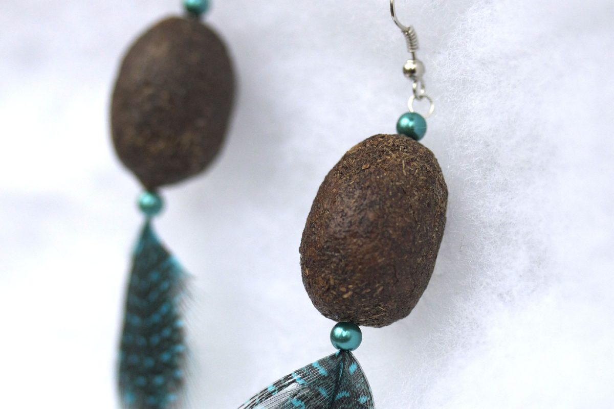 Moose poop earrings with feathers and beads, one of the unique products made in Alaska. 