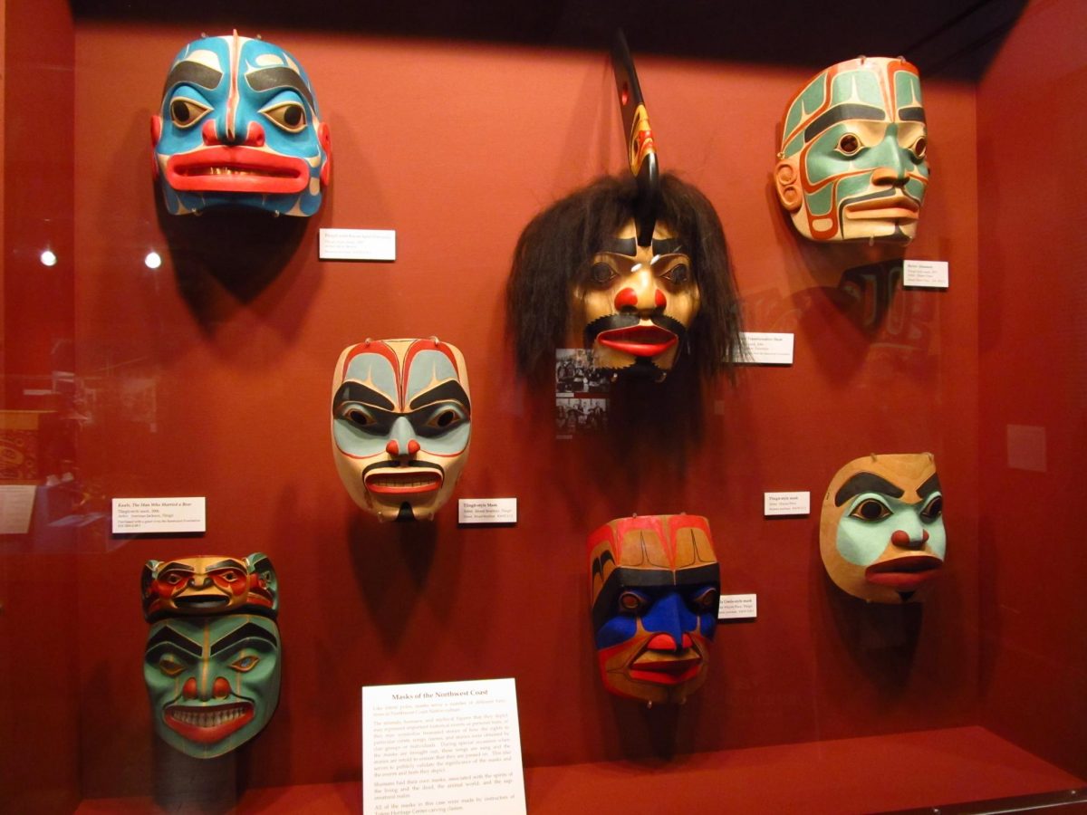 Traditional Alaskan Native mask on display.