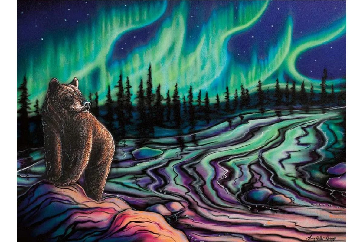 Painting of the Alaska landscape with a bear, trees, and the Northern Lights in the night sky.