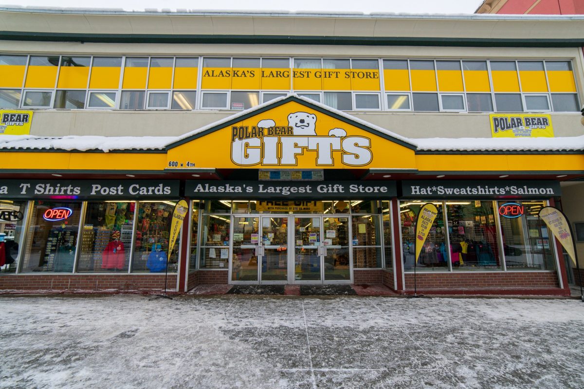 Storefront of Polar Bear Gifts souvenir shop in Anchorage.