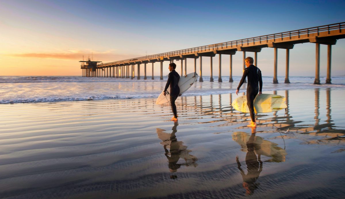 Two men in wetsuits holding surfboards while walking towards the water of one of the beaches in San Diego.