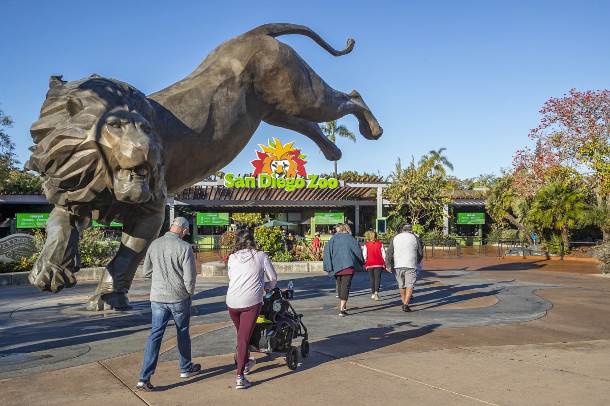 Families walking towards the entrance of San Diego Zoo, one of the family-friendly spots to visit in San Francisco.