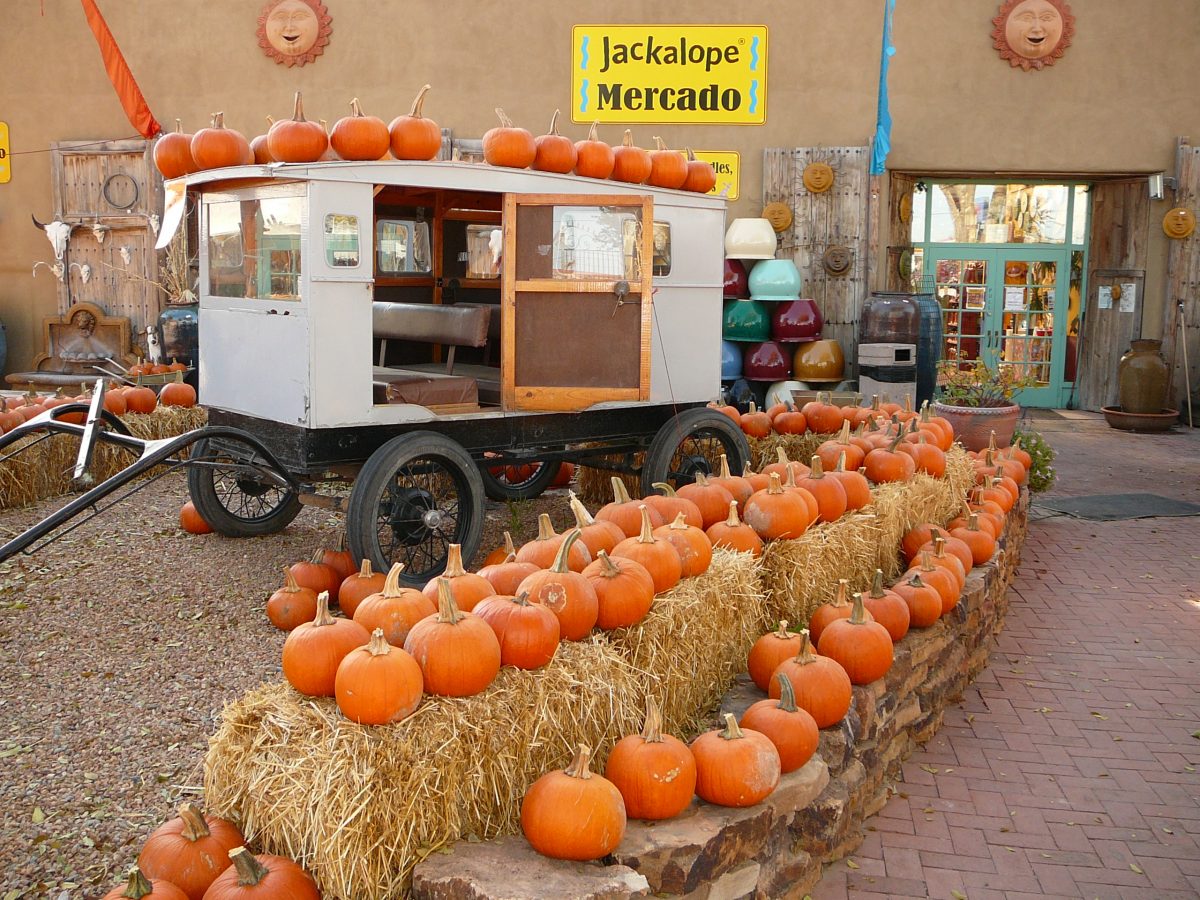 Pumpkins lined in a row on top of haystacks at one of the pumpkin patches in Santa Fe Plaza, New Mexico during the fall season.