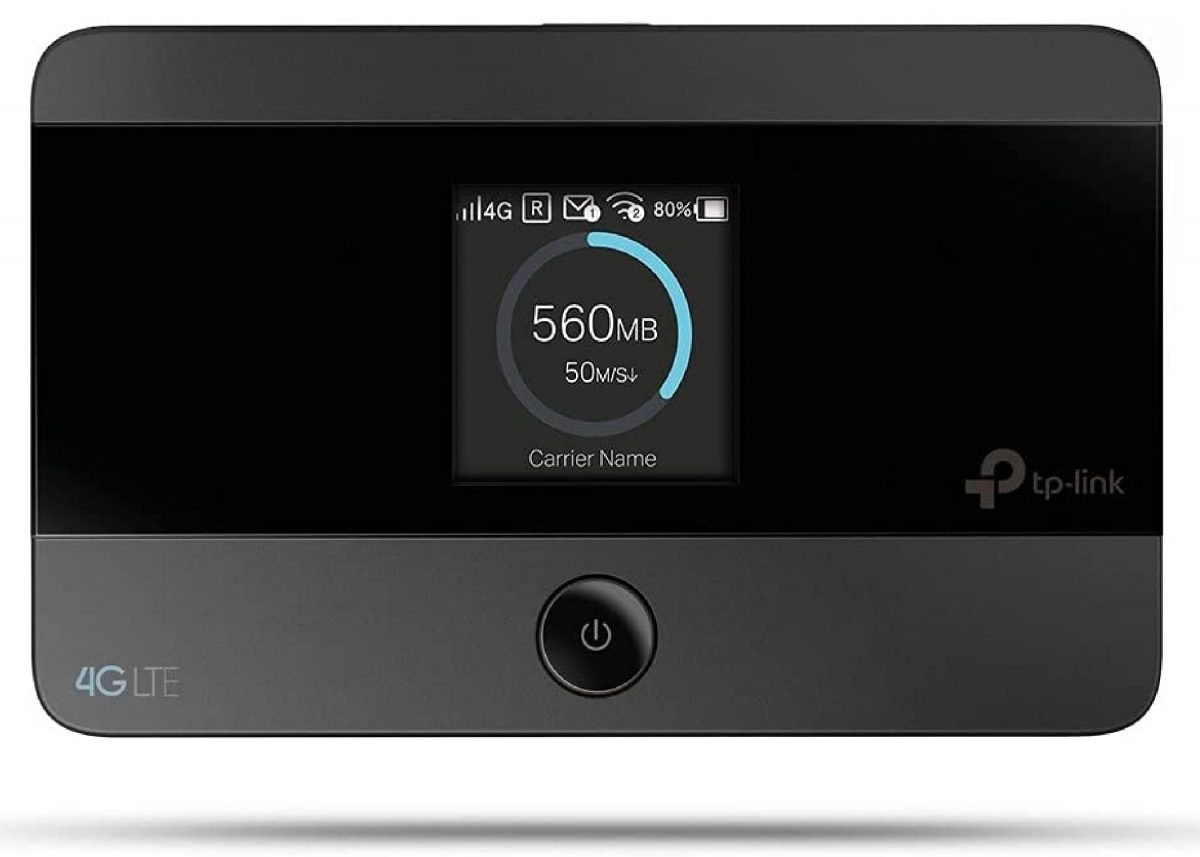 TP-LINK M7350 in black, with information displayed on the LED screen.